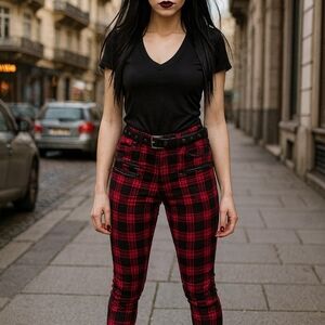 Chic Red and Black Plaid Women's Skinny Pants
